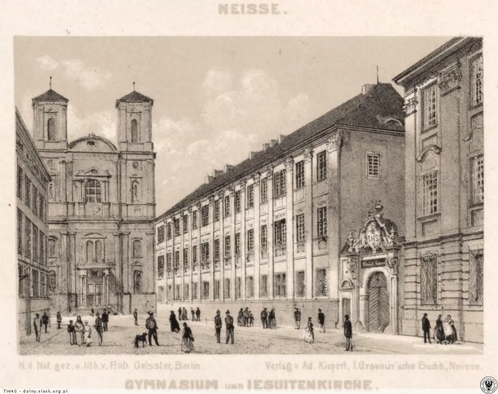 Kościół oraz kolegium jezuickie w Nysie na litografii R. Geisslera