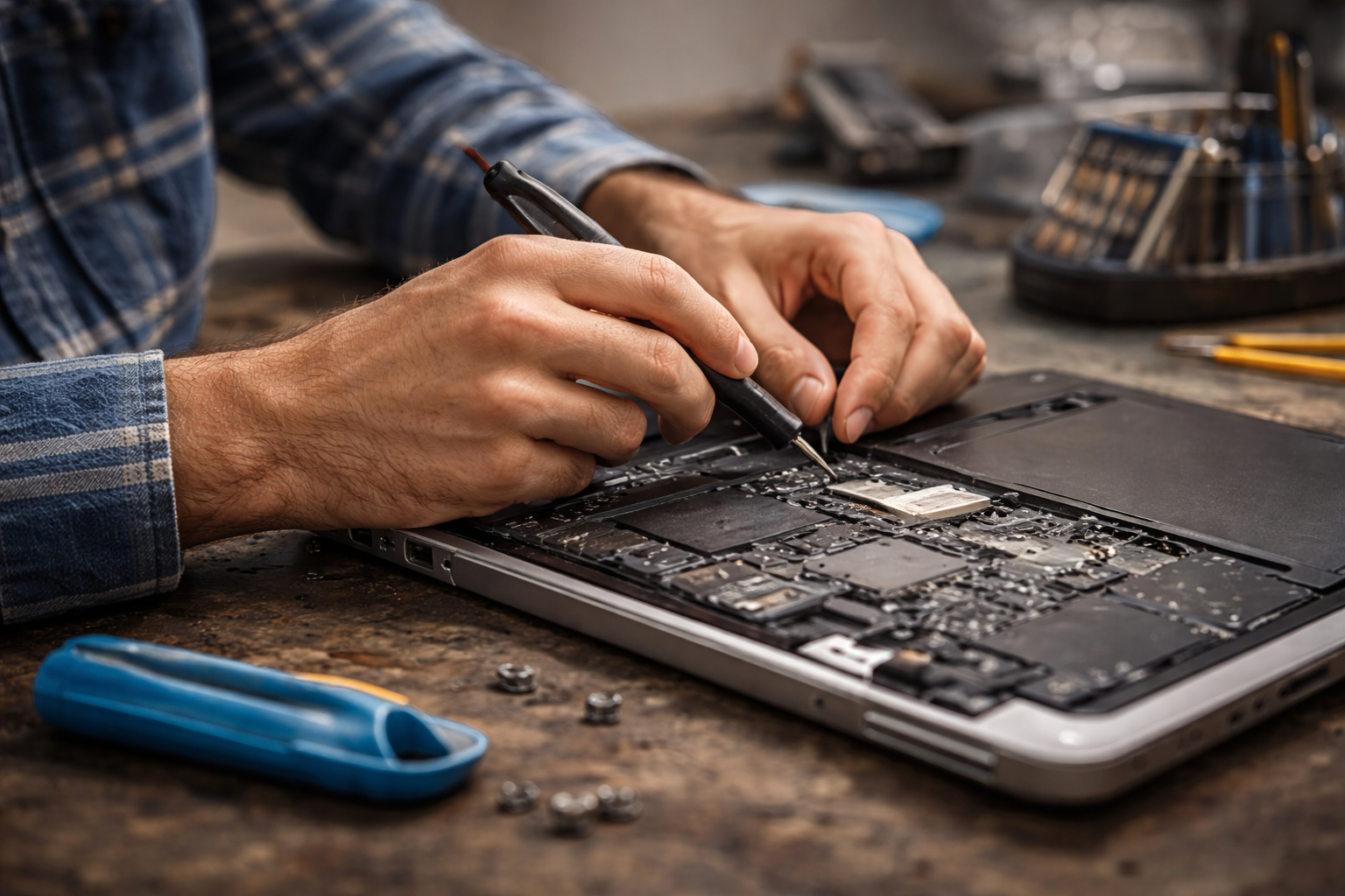 Rozkręcony laptop podczas czyszczenia i sprawdzania podzespołów