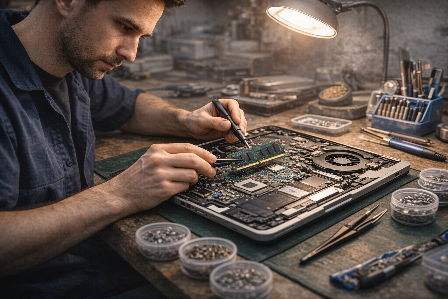 Serwisant lutujący elementy na płycie głównej laptopa w warsztacie