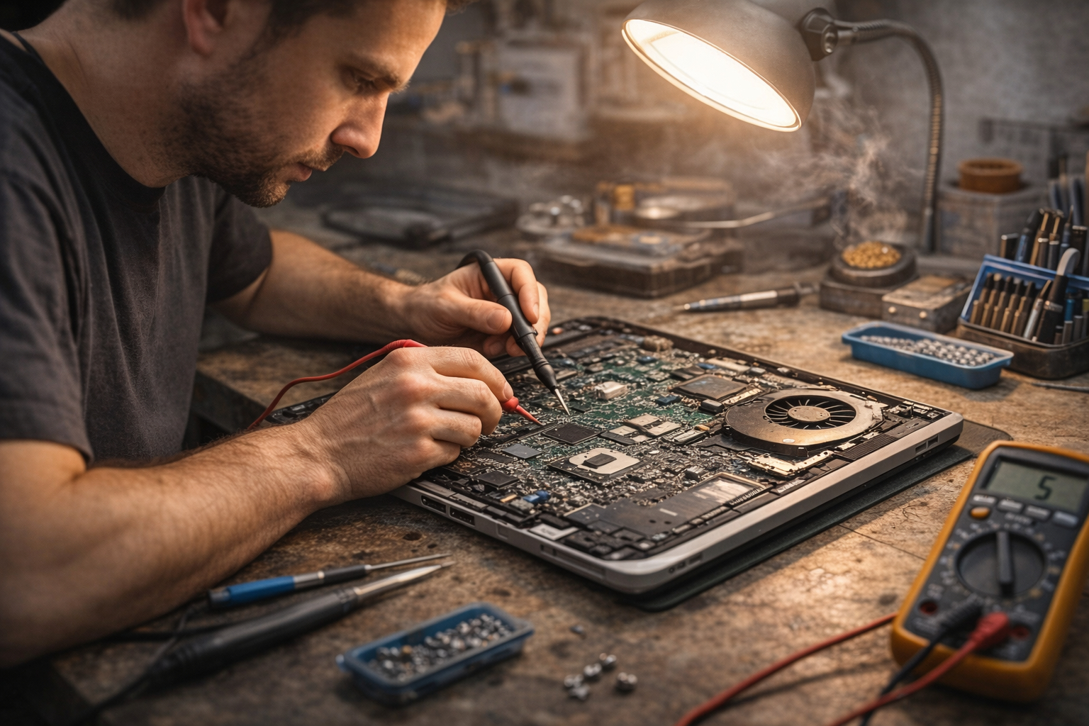 Technik diagnozujący płytę główną laptopa przy użyciu narzędzi serwisowych